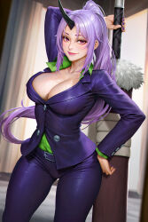 Rule 34 | 1girl, black horns, breasts, buttons, cleavage, collarbone, curtains, formal, high ponytail, highres, holding, holding sword, holding weapon, horns, large breasts, lips, long hair, neoartcore, oni, oni horns, pants, patreon username, ponytail, purple eyes, purple hair, purple nails, purple pants, purple suit, sheath, sheathed, shion (tensei shitara slime datta ken), single horn, solo, suit, sword, tensei shitara slime datta ken, weapon