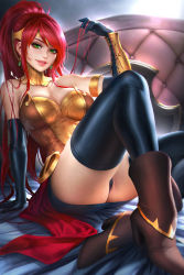 Rule 34 | 1girl, bare shoulders, bodice, boots, bracer, breasts, brown footwear, circlet, cleavage, elbow gloves, gloves, gorget, green eyes, high heel boots, high heels, highres, large breasts, long hair, looking at viewer, neoartcore, paid reward available, panties, pantyshot, ponytail, pyrrha nikos, red hair, rwby, sash, shield, sitting, solo, thighhighs, underwear, veins, veiny thighs, very long hair