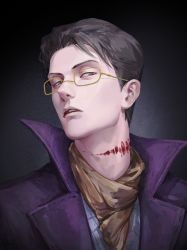 Rule 34 | 1boy, black hair, blood, blood from mouth, brown eyes, chinese commentary, commentary request, dark, empty eyes, fantasypenguin, gehrman sparrow, glasses, highres, injury, jacket, klein moretti, lips, looking at viewer, lord of the mysteries, parted lips, purple jacket, scarf, simple background, solo, teeth, torn skin