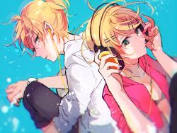 Rule 34 | 1boy, 1girl, black bra, black pants, blonde hair, blue background, bra, brother and sister, collarbone, earphones, flat chest, floating hair, green eyes, hair ornament, headphones, kagamine len, kagamine rin, looking at viewer, makoji (yomogi), nail polish, open clothes, open shirt, pants, parted lips, pink nails, pink shirt, shirt, short hair, siblings, simple background, sweater, underwear, vocaloid, watch, white sweater, wristwatch