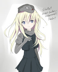 Rule 34 | 10s, 1girl, black dress, blonde hair, commentary request, core (mayomayo), cropped jacket, dress, fish, garrison cap, german text, gradient background, hat, kantai collection, long hair, long sleeves, looking at viewer, military, military uniform, puffy long sleeves, puffy sleeves, purple eyes, ranguage, solo, swordfish, translated, u-511 (kancolle), uniform