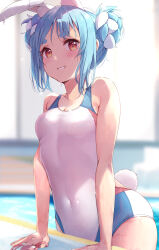 Rule 34 | 1girl, absurdres, animal ear fluff, animal ears, bare arms, bare shoulders, blue hair, blurry, blurry background, blush, braid, braided bun, breasts, double bun, extra ears, hair bun, highres, hololive, looking at viewer, multicolored hair, nira (vira), one-piece swimsuit, pool, rabbit ears, rabbit girl, rabbit tail, red eyes, sidelocks, small breasts, smile, solo, streaked hair, swimsuit, tail, thick eyebrows, usada pekora, virtual youtuber, wet, wet clothes, wet swimsuit, white hair, white one-piece swimsuit