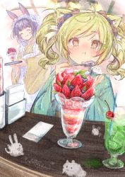 Rule 34 | + +, 2girls, :3, :t, ^ ^, ahoge, animal ear fluff, animal ears, apron, blonde hair, blue flower, blush, blush stickers, brown eyes, brown flower, closed eyes, closed mouth, commentary, cup, drinking glass, drinking straw, eating, flower, food, frilled apron, frills, fruit, green kimono, hair flower, hair ornament, hands up, highres, holding, holding spoon, holding tray, indoors, ittokyu, japanese clothes, kimono, long sleeves, maid, maid apron, multiple girls, nose blush, original, parfait, purple hair, short eyebrows, signature, spoon, standing, strawberry, symbol-only commentary, table, thick eyebrows, tray, twintails, wa maid, white apron, wide sleeves, wooden table, yellow kimono