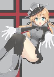 Rule 34 | 10s, 1girl, :o, anchor hair ornament, ass, bad id, bad pixiv id, black skirt, black thighhighs, blonde hair, blue eyes, blush, boots, cross, gloves, grey footwear, hair ornament, hat, iron cross, kantai collection, knees together feet apart, looking at viewer, microskirt, military, military hat, military uniform, mirea, open mouth, outstretched arms, panties, pantyshot, peaked cap, pleated skirt, prinz eugen (kancolle), renka (llawliet39), skirt, solo, thighhighs, twintails, underwear, uniform, white gloves, white panties