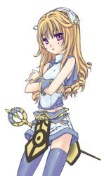 Rule 34 | 1girl, arm warmers, blonde hair, blue shirt, blue thighhighs, blush, breasts, commentary request, cowboy shot, crossed arms, dated commentary, drill hair, kawagoe pochi, long hair, looking at viewer, open mouth, purple eyes, ragnarok online, raised eyebrow, shirt, shorts, simple background, sleeveless, sleeveless shirt, small breasts, solo, super novice (ragnarok online), thighhighs, white background, white shorts