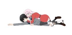 Rule 34 | 10s, 1boy, 1girl, all fours, black hair, black pantyhose, blue eyes, blush, boots, brown footwear, commentary request, couple, darling in the franxx, fringe trim, girl on top, green eyes, hair ornament, hairband, hand on own face, heart, hetero, highres, hiro (darling in the franxx), horns, long hair, long sleeves, looking at another, lying, military, military uniform, necktie, on side, oni horns, pantyhose, pink hair, red horns, red neckwear, shoes, short hair, socks, uniform, user yhxs5287, white footwear, white hairband, zero two (darling in the franxx)