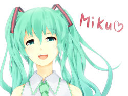 Rule 34 | 1girl, asutora, character name, green eyes, green hair, hatsune miku, heart, long hair, matching hair/eyes, necktie, open mouth, simple background, smile, solo, vocaloid, white background