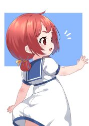 Rule 34 | 1girl, blue sailor collar, blush, commentary request, dress, from behind, hair rings, kaiboukan no. 4 (kancolle), kantai collection, medium hair, nassukun, notice lines, open mouth, puffy short sleeves, puffy sleeves, red eyes, red hair, sailor collar, sailor dress, short sleeves, solo, teeth, upper teeth only, white dress
