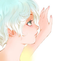 Rule 34 | 1girl, absurdres, aqua hair, closed mouth, commentary request, green eyes, hand up, highres, multicolored hair, original, profile, short hair, solo, third-party edit, white background, white hair, zerra01