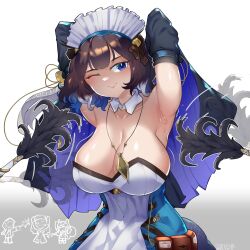 Rule 34 | 1other, 2girls, ;), arknights, armpits, arms up, bare shoulders, black hair, blue eyes, blue hair, breasts, cleavage, commentary, cuddz, detached collar, detached sleeves, doctor (arknights), dress, duster, feather duster, gradient background, gradient hair, grey background, highres, jewelry, kjera (arknights), kjera (ingenious servant) (arknights), large breasts, looking at viewer, maid, maid headdress, multicolored hair, multiple girls, multiple views, one eye closed, pendant, shaw (arknights), short hair, smile, strapless, strapless dress, tickle torture, tickling, upper body, white background, white dress, white hair