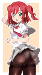 Rule 34 | 1girl, anime coloring, ass, black pantyhose, green eyes, hair between eyes, highres, kurosawa ruby, looking at viewer, love live!, love live! school idol project, love live! sunshine!!, open mouth, panties, panties under pantyhose, pantyhose, red hair, sailor collar, school uniform, short hair, short twintails, showers-u, twintails, underwear, white panties, wind, wind lift