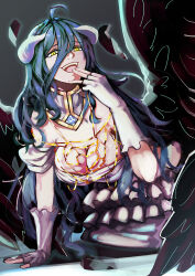 1girl albedo_(overlord) arthropod_girl bare_shoulders black_wings blush demon_girl demon_horns dress extra_pupils fangs feathered_wings highres horns low_horns low_wings overlord_(maruyama) skin_fangs slit_pupils solo white_dress white_horns wings yellow_eyes ysj_(396557595)