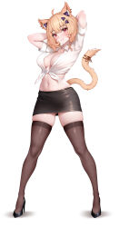 Rule 34 | 1girl, absurdres, ahoge, animal ears, arms up, black thighhighs, blonde hair, blush, breasts, cat ears, cat girl, cat tail, earrings, front-tie top, hair ornament, high heels, highres, jewelry, looking at viewer, medium breasts, midriff, navel, pencil skirt, red eyes, secon, shirt, short hair, short sleeves, shyrei faolan, skirt, smile, solo, tail, thighhighs, tied shirt, virtual youtuber, vyugen, white background