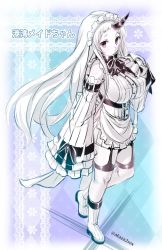 Rule 34 | 10s, 1girl, abyssal ship, akaza, bare shoulders, boots, bow, breasts, claws, collar, detached sleeves, dress, frills, garter straps, hand on own chest, highres, horns, jpeg artifacts, kantai collection, large breasts, long hair, looking at viewer, maid, maid headdress, pale skin, red eyes, ribbed dress, seaport princess, short dress, sideboob, single horn, solo, thighhighs, twitter username, very long hair, white hair
