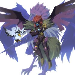 Rule 34 | abfbfygo, armor, beak, bird, black armor, black helmet, blackwing armed wing, blackwing blizzard the far north, blackwing bora the spear, card, chest jewel, commentary, duel monster, feathers, gameplay mechanics, green tail, helmet, highres, holding, holding card, holding knife, knife, red hair, talons, trading card, twitter username, white feathers, wings, yu-gi-oh!