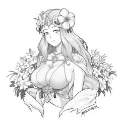 Rule 34 | 1girl, breasts, cleavage, fire emblem, fire emblem: three houses, jewelry, large breasts, lips, long hair, looking at viewer, meziosaur, monochrome, necklace, nintendo, rhea (fire emblem), smile, solo
