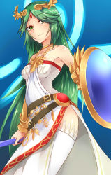 Rule 34 | 1girl, absurdres, belt, green eyes, green hair, highres, jewelry, kid icarus, kid icarus uprising, long hair, lots of jewelry, matching hair/eyes, metindone, necklace, nintendo, palutena, shield, smile, solo, staff, thighhighs, tiara