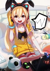 Rule 34 | 10s, 1girl, alternate costume, animal ear headphones, animal ears, bed, black panties, blonde hair, blush, breasts, bus7, cat ear headphones, cat ears, computer, desk, dress, fake animal ears, headphones, kantai collection, laptop, listening to music, long hair, mittens, mouse (computer), open mouth, panties, pantyshot, shimakaze (kancolle), short dress, sitting, small breasts, solo, striped clothes, striped thighhighs, stuffed animal, stuffed toy, sweatdrop, teddy bear, thighhighs, underwear, webcam