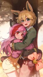 Rule 34 | 2girls, ahoge, animal ear fluff, animal ears, bell, blonde hair, bow, cat hair ornament, collared shirt, commission, green eyes, green jacket, hair between eyes, hair ornament, hairclip, highres, hug, jacket, jingle bell, long hair, long sleeves, melaton, multicolored hair, multiple girls, open clothes, open jacket, original, overall shorts, overalls, pink bow, pink hair, pink shirt, red eyes, red hair, shirt, short eyebrows, skeb commission, streaked hair, tail, tail bell, tail bow, tail ornament, thick eyebrows, tree, very long hair, white shirt