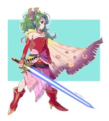 Rule 34 | 1girl, amano yoshitaka design, aqua background, blue eyes, boots, bracelet, breasts, cape, cleavage, detached sleeves, dress, earrings, final fantasy, final fantasy vi, fringe trim, gloves, green hair, hair ribbon, highres, holding, holding sword, holding weapon, jewelry, official alternate costume, pantyhose, parted bangs, partially fingerless gloves, pink sash, ponytail, red dress, ribbon, sanroku 3, sash, small breasts, solo, sword, tina branford, wavy hair, weapon, yellow cape