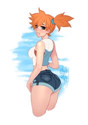 Rule 34 | 1girl, ass, bare arms, blue eyes, blush, blushyspicy, breasts, creatures (company), crop top, denim, denim shorts, from behind, game freak, looking at viewer, medium breasts, misty (pokemon), nintendo, open mouth, orange hair, pokemon, pokemon lgpe, short hair, short sidetail, shorts, sleeveless, smile, solo, white background