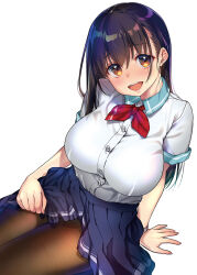 Rule 34 | 1girl, arm support, black hair, black pantyhose, blue skirt, blush, breasts, brown eyes, clothes lift, commentary request, hair between eyes, highres, large breasts, lifted by self, looking at viewer, nanase meruchi, open mouth, original, pantyhose, school uniform, shirt, short sleeves, simple background, skirt, skirt lift, smile, solo, teeth, uniform, upper teeth only, watch, white background, white shirt, wristwatch