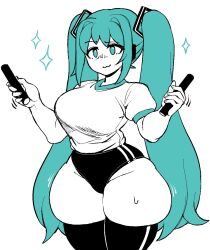 Rule 34 | 1girl, :3, ass, black thighhighs, breasts, buruma, curvy, dizzyspellss, green eyes, green hair, gym uniform, hatsune miku, holding, huge ass, large breasts, long hair, looking at viewer, shirt tucked in, short sleeves, smile, solo, sparkle, sweat, thick thighs, thighhighs, thighs, twintails, very long hair, vocaloid, white background, wide hips