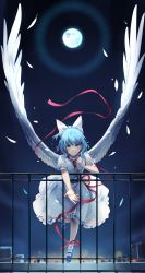 Rule 34 | 1girl, absurdres, angel wings, blue eyes, blue footwear, blue hair, bow, brooch, cityscape, commentary request, dress, feathered wings, feathers, frilled dress, frills, full moon, hair bow, highres, jewelry, large wings, leaning forward, leg up, looking at viewer, mai (touhou), mary janes, moon, night, night sky, outstretched arm, parted lips, ponytail, puffy short sleeves, puffy sleeves, railing, reaching, reaching towards viewer, red ribbon, ribbon, sash, shoes, short hair, short sleeves, sky, smile, solo, touhou, touhou (pc-98), white bow, white dress, white legwear, wings, yorktown cv-5