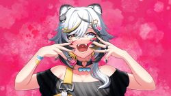 Rule 34 | absurdres, animal (vocaloid), animal ears, bandages, bare shoulders, black hair, blonde hair, blue eyes, choker, clero (viprimo), erika byakko, fangs, hair ornament, highres, jewelry, multicolored hair, nail polish, open mouth, paint splatter, paint splatter on face, pink background, ring, streaked hair, tiger ears, virtual youtuber, vreverie, white hair, yellow eyes
