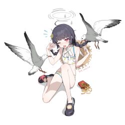 Rule 34 | 1girl, absurdres, bikini, bird, black footwear, black hair, blue archive, braid, crocs, flat chest, flying sweatdrops, food, french fries, full body, guangsupaomian, hair ribbon, halo, hat, highres, leaf, leaf on head, leaf print, long hair, looking at viewer, mcdonald&#039;s, miyu (blue archive), miyu (swimsuit) (blue archive), one eye closed, open mouth, pink eyes, red eyes, ribbon, seagull, shoes, simple background, sitting, solo, starfish, straw hat, swimsuit, twin braids, white background, white ribbon