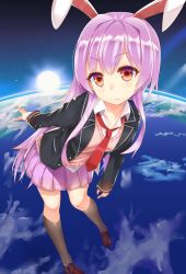 Rule 34 | 1girl, animal ears, ashu, blazer, rabbit ears, earth (planet), extra ears, jacket, long hair, long sleeves, looking at viewer, necktie, open jacket, open clothes, open jacket, pink hair, planet, red eyes, reisen udongein inaba, shirt, skirt, solo, space, sun, touhou, very long hair, vest