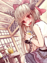 Rule 34 | 3girls, @ @, alcohol, architecture, barefoot, beer, beer mug, blurry, blurry background, blush, bow, can, chain, commentary request, cup, dated, depth of field, drunk, dutch angle, east asian architecture, closed eyes, fang, frills, hair bow, holding, holding can, horns, ibuki suika, in container, in cup, indian style, indoors, kagikake, light brown hair, long hair, looking to the side, mug, multiple girls, multiple persona, neck ribbon, nose blush, on table, open mouth, purple skirt, red bow, red eyes, red ribbon, ribbon, shirt, sitting, sitting on table, skin fang, skirt, sleeveless, sleeveless shirt, table, touhou, twitter username, v arms, white shirt, wrist cuffs