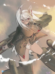 Rule 34 | 1girl, breasts, dutch angle, glasses, head wings, heidimarie w. schnaufer, highres, large breasts, military, military uniform, mishiro shinza, panties, red eyes, solo, strike witches, striker unit, underwear, uniform, white hair, white panties, wings, world witches series