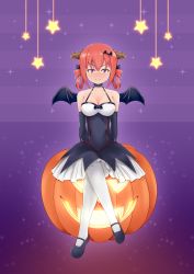 Rule 34 | 1girl, absurdres, bat hair ornament, blush, breasts, cleavage, crescent, demon girl, demon horns, demon wings, gabriel dropout, hair ornament, halloween, highres, horns, jack-o&#039;-lantern, large breasts, looking at viewer, meng jiang, pantyhose, pumpkin, purple eyes, red hair, satanichia kurumizawa mcdowell, sitting, sky, smile, solo, star (symbol), starry background, v-shaped eyebrows, white pantyhose, wings