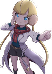 Rule 34 | 1girl, absurdres, belt, blonde hair, blue eyes, blunt bangs, blush, breasts, clenched hand, closed mouth, coat, commentary request, creatures (company), earmuffs, elesa (palentine&#039;s 2023) (pokemon), elesa (pokemon), game freak, green sweater, highres, long sleeves, medium breasts, nintendo, official alternate costume, open clothes, open coat, pokemon, pokemon masters ex, red scarf, rono (lethys), scarf, shorts, simple background, smile, solo, sweater, white background, white coat, yellow belt