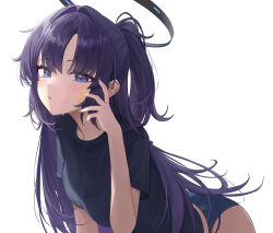 Rule 34 | 1girl, absurdres, black shirt, blue archive, blue buruma, blush, breasts, buruma, gym uniform, halo, highres, leaning forward, long hair, looking at viewer, mechanical halo, official alternate costume, open mouth, ponytail, purple eyes, purple hair, shirt, short sleeves, simple background, ske4682, solo, sticker on face, sweat, white background, yuuka (blue archive), yuuka (track) (blue archive)