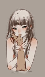 Rule 34 | 1boy, 1girl, brown hair, cropped torso, finger in another&#039;s mouth, finger sucking, flat chest, grey background, grey eyes, hetero, highres, holding another&#039;s wrist, kaieda hiroshi, long hair, looking at viewer, nipples, nude, original, simple background, sketch