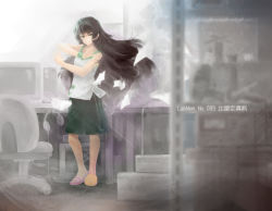Rule 34 | 1girl, asymmetrical footwear, baggy shorts, black hair, cable, carrying, carrying bag, chair, computer, desk, expressionless, eyebrows, green eyes, headphones, hihei xiaobai, hiyajou maho, indoors, long hair, looking at viewer, mismatched footwear, monitor, office, sandals, science adventure, shirt, shorts, sleeveless, solo, steins;gate, steins;gate 0, table, technology, text focus, wire