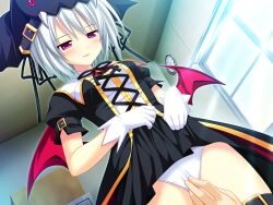 Rule 34 | 1girl, ass, bat wings, belt, black ribbon, black skirt, breasts, cape, clitoral stimulation, clothes lift, female ejaculation, formula (stellula eques), game cg, gloves, groin, groping, hair between eyes, hat, koku, medium breasts, miniskirt, non-web source, panties, pleated skirt, purple eyes, red wings, ribbon, shirt, short hair, skirt, skirt hold, skirt lift, solo, standing, stellula eques, straight hair, thigh belt, thigh gap, thigh strap, underwear, white gloves, white hair, white panties, white shirt, wings