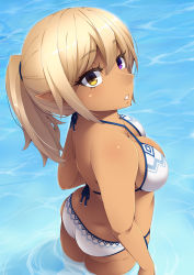 Rule 34 | 1girl, back, bare shoulders, belly, bikini, blonde hair, blush, breasts, caustics, commentary request, cowboy shot, dark-skinned female, dark skin, day, dimples of venus, expressionless, from above, from side, hair between eyes, hayashi custom, heterochromia, highres, looking at viewer, looking up, medium breasts, original, parted lips, pointy ears, pointy nose, purple eyes, ripples, shiny skin, short hair, short ponytail, sidelocks, skindentation, solo, standing, stomach, string bikini, swimsuit, thighs, wading, water, white bikini, yellow eyes