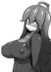 Rule 34 | 10s, 1girl, @ @, absurdres, blush, breasts, covered erect nipples, creatures (company), dress, female focus, game freak, hairband, hex maniac (pokemon), highres, huge breasts, long hair, looking at viewer, messy hair, monochrome, nintendo, npc trainer, open mouth, pokemon, pokemon xy, scan, simple background, smile, solo, toudori, white background