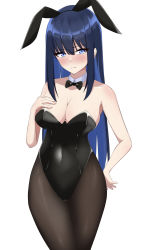 Rule 34 | 1girl, absurdres, alternate costume, animal ears, bare arms, bare shoulders, black bow, black bowtie, black leotard, black pantyhose, blue archive, blue eyes, blue hair, bow, bowtie, breasts, cleavage, closed mouth, commentary request, constricted pupils, covered navel, cowboy shot, detached collar, dot nose, fake animal ears, frown, hair between eyes, hand on own hip, hand on own chest, highleg, highleg leotard, highres, hiuyec, large breasts, leotard, long bangs, long hair, looking at viewer, mask, unworn mask, pantyhose, playboy bunny, saori (blue archive), shadow, simple background, solo, strapless, strapless leotard, white background