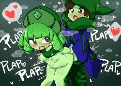 Rule 34 | 1boy, 1girl, absurdres, arm held back, bent over, black hair, blue cloak, blush, breasts, chasocha, cloak, clothed male nude female, colored skin, dark acolyte (shovel knight), green hair, green pants, green skin, hat, heart, hetero, highres, hood, hood up, looking back, missy (shovel knight), nipples, nude, open mouth, pants, sex, sex from behind, shovel knight, spoken heart, standing, standing sex, stomach bulge, sweat