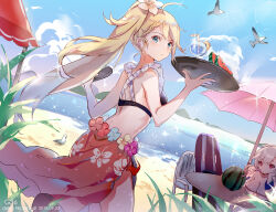 Rule 34 | 2girls, ahoge, alternate costume, alternate hairstyle, back, bare shoulders, beach, bikini, bird, blonde hair, blue eyes, blue sky, blush, bodyboard, braid, breast rest, breasts, chair, character name, cleavage, closed mouth, cloud, collarbone, cup, dated, day, drinking straw, floating hair, flower, food, french braid, frills, fruit, g36 (50 days with g36) (girls&#039; frontline), g36 (girls&#039; frontline), girls&#039; frontline, gradient hair, grey hair, hair between eyes, hair flower, hair ornament, head rest, holding, holding tray, large breasts, lemon, lemon slice, long hair, looking at viewer, maid, maid bikini, medium breasts, multicolored hair, multiple girls, ocean, official alternate costume, outdoors, ponytail, red eyes, rero (bigdoorbig2), sand, sarong, seagull, sidelocks, sky, sparkle, spas-12 (girls&#039; frontline), spas-12 (midsummer fruit) (girls&#039; frontline), swimsuit, table, thighs, tray, tropical drink, twintails, umbrella, unconventional maid, very long hair, water, watermelon