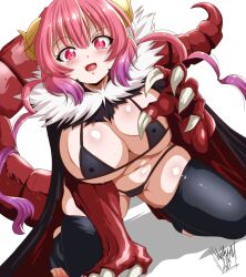 Rule 34 | 1girl, bikini, black bikini, black cape, black thighhighs, blush, breasts, cape, claws, covered erect nipples, curled horns, danmakuman, dragon claw, dragon tail, dutch angle, fang, fur collar, gradient hair, horns, huge breasts, ilulu (maidragon), kneeling, kobayashi-san chi no maidragon, monster girl, multicolored hair, open mouth, pink eyes, pink hair, pointy ears, purple hair, shiny skin, simple background, skindentation, slit pupils, smile, solo, spread legs, sweat, swimsuit, tail, thighhighs, toeless legwear, toes, twintails, two-tone hair, white background