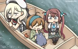 Rule 34 | +++, 3girls, ^ ^, arm warmers, asagumo (kancolle), bandaid, bandaid on face, beret, black gloves, black legwear, blonde hair, boat, brown hair, closed eyes, commentary request, crab, dated, fang, gloves, green jacket, grey skirt, hair between eyes, hair ribbon, hamu koutarou, hand on own face, hat, headband, highres, jacket, kantai collection, long hair, long sleeves, mole, mole under eye, multiple girls, oboro (kancolle), open mouth, pleated skirt, purple eyes, ribbon, richelieu (kancolle), shirt, short hair, short sleeves, skirt, smile, thighhighs, twintails, v-shaped eyebrows, watercraft, white hat, white shirt, yellow eyes