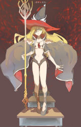Rule 34 | 1girl, absurdres, blonde hair, boots, breasts, cape, cleavage, commentary request, eyepatch, full body, gluteal fold, green eyes, gungnir (toaru), hair over one eye, hat, high heels, highres, holding, holding polearm, holding weapon, long hair, looking at viewer, multicolored cape, multicolored clothes, navel, othinus, polearm, simple background, small breasts, solo, spear, standing, toaru majutsu no index, toaru majutsu no index: new testament, translation request, user ymcy3584, very long hair, weapon, witch hat