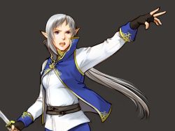 Rule 34 | 1girl, androgynous, belt, elf, fingerless gloves, gloves, high collar, long hair, open mouth, pointing, pointing forward, pointy ears, ponytail, purple eyes, rf online, roarke (lavenderincubus), silver hair, simple background, solo, sword, weapon