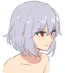 Rule 34 | 1girl, collarbone, colored eyelashes, commentary request, hair between eyes, leon (mikiri hassha), light purple hair, no headwear, nude, portrait, red eyes, remilia scarlet, short hair, simple background, smile, touhou, white background