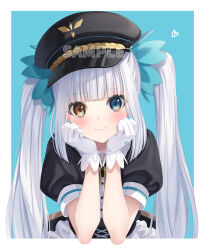 Rule 34 | 1girl, apron, black dress, black hat, blue background, blue eyes, blunt bangs, blush, border, closed mouth, collared shirt, dress, frilled apron, frills, gloves, hair tie, hands on own cheeks, hands on own face, hat, head rest, heart, heterochromia, highres, jimmy madomagi, kagura gumi, kagura mea, looking at viewer, maid, military hat, orange eyes, outside border, puffy short sleeves, puffy sleeves, raised eyebrows, sample watermark, shirt, short sleeves, simple background, smile, solo, straight-on, twintails, upper body, virtual youtuber, waist apron, watermark, white apron, white border, white gloves, white hair, white shirt